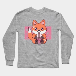 Baby Fox Drinking Boba Tea Cute Kawaii Fox Lover Long Sleeve T-Shirt